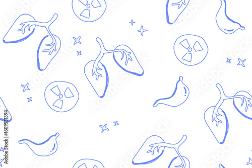 Blue seamless healthcare pattern with organs and xray symbol.