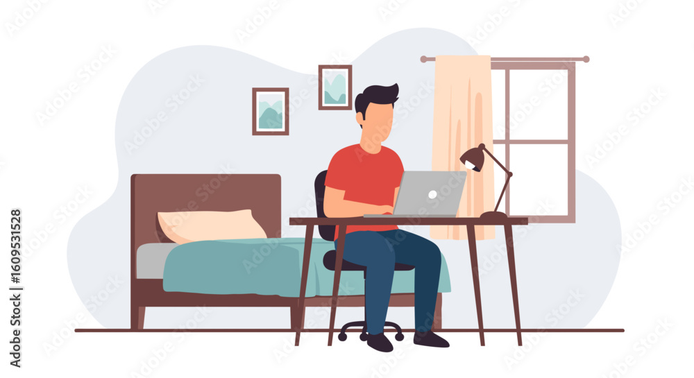 Fototapeta premium Man working from home on laptop, perfect for illustrating remote work, freelance, or work-life balance.