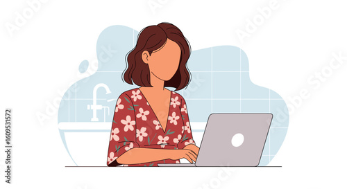 Woman working on laptop in bathroom, perfect for blog, website or social media post.