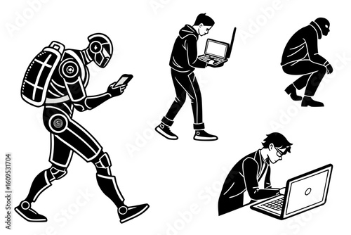 Diverse Figures Engaged with Technology and Devices.