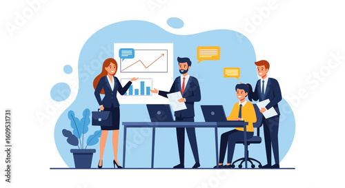 Business team meeting, presenting data and collaborating. Ideal for websites, presentations, and marketing materials.