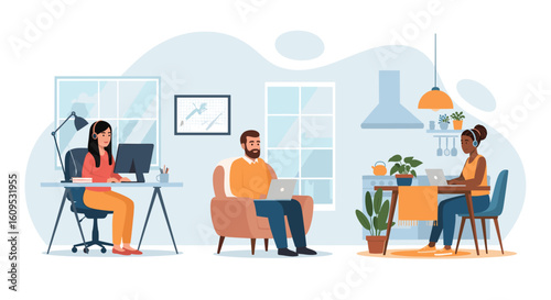 Remote Work Team Collaboration: Diverse professionals working from home, perfect for illustrating remote work, teamwork, or a modern office setting.