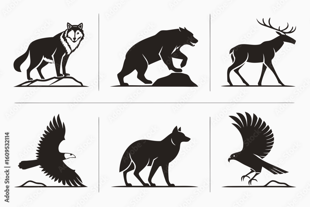 Fototapeta premium Majestic Wildlife Silhouettes Wolf Bear Elk and Eagle Collection.