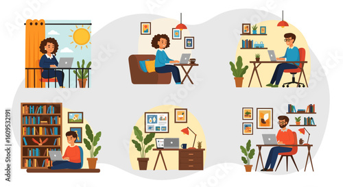 Diverse people working remotely from home offices, balconies, and cozy spaces. Ideal for illustrating work-from-home concepts, remote work articles, or website banners.