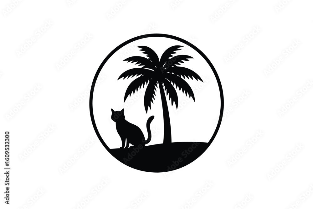 Fototapeta premium Sunset Silhouette Palm Tree Black Cat Stretching and Colorful Sky Illustration