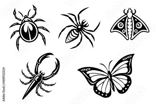 Stylized Black and White Insect and Arachnid Silhouettes.