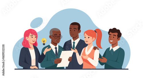Diverse business team brainstorming a new idea, perfect for presentations on teamwork and innovation.