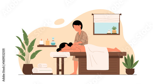 Spa Day Illustration: Relaxing massage scene perfect for wellness brochures or websites.
