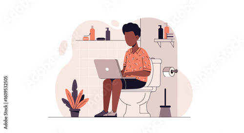 Man working on laptop while sitting on toilet, illustration for blog post or article about remote work.