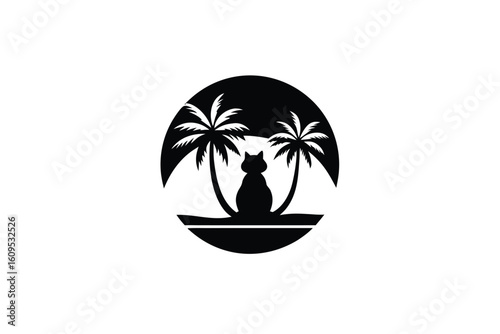 Silhouette Illustration of a Meditating Cat at Sunset with a Palm Tree