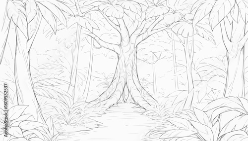 Coloring page of a winding path through a dense jungle with a large tree and foliage