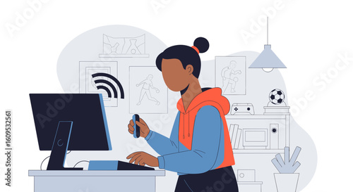 Young woman using wireless controller with computer, perfect for technology, gaming, and lifestyle websites or brochures.