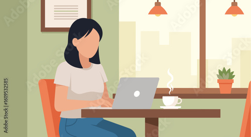 Woman working on laptop in cafe, perfect for website banners or blog posts about remote work.