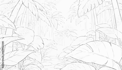 Coloring page of a dense jungle scene with large leaves and a pathway