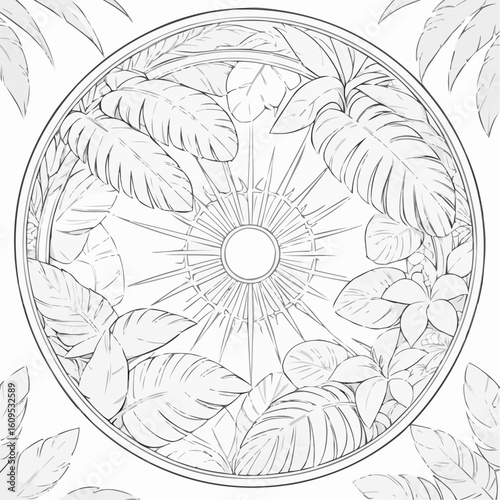 Coloring page of a circular sun surrounded by tropical leaves and floral designs