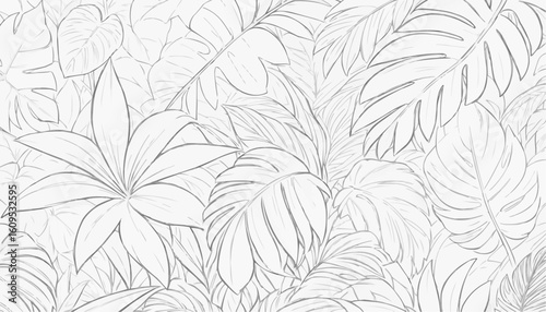 Coloring page of lush tropical leaves creating a dense foliage pattern
