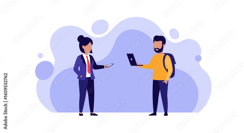 Businesswoman and man exchanging information; perfect for websites, presentations, and marketing materials. Businesswoman and man exchanging information; perfect for websites, presentations, and marketing materials.