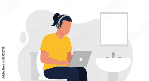Person working on laptop while sitting on toilet - Illustration for articles about work-life balance or remote work.