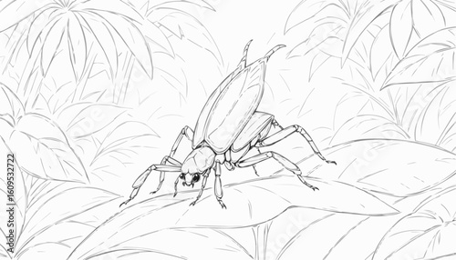 Detailed line art of a beetle resting on a leaf surrounded by lush vegetation for coloring
