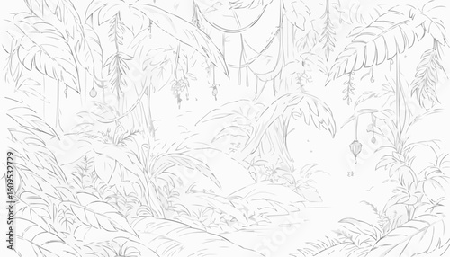 Blank line art of a lush jungle scene filled with tropical foliage for coloring