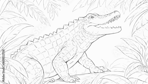 Detailed line art of a crocodile perched on a riverbank surrounded by lush foliage for coloring
