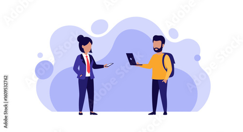 Businesswoman and man exchanging information; perfect for websites, presentations, and marketing materials.