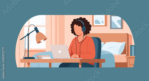 Woman working from home on laptop, illustration for remote work, work from home, or online learning.