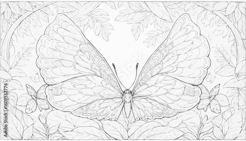 Coloring page of a large butterfly surrounded by intricate floral patterns