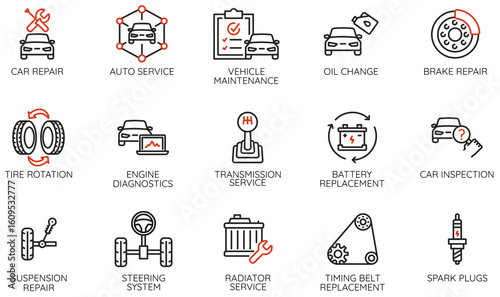 Vector set of linear icons related to automotive service, repair, maintenance, engine diagnostics for websites, mobile apps, infographics, car service, garages - part 1