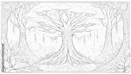 Coloring page of trees in a magical forest with intricate details