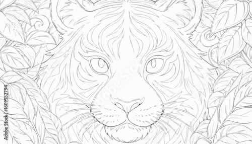 Intricate line art of a majestic lion's face surrounded by leaves for coloring
