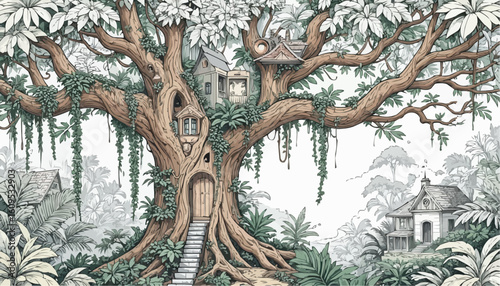 Detailed line art of a majestic tree with a treehouse and surrounding foliage for coloring
