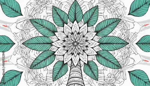 Beautiful line art mandala of a tropical tree with leaves and flowers for coloring