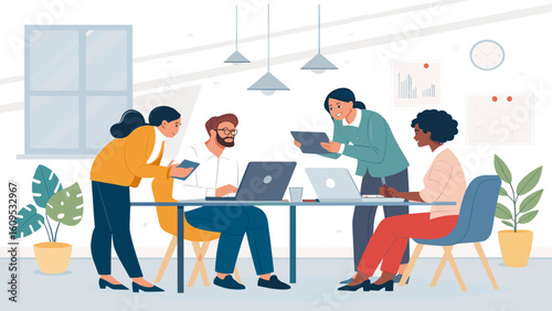 Diverse team brainstorming, collaborating on project, modern office, suitable for website landing page or business brochure.