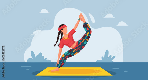 Woman practicing yoga outdoors by the water, vector illustration for wellness websites and brochures.