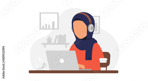 Muslim woman working on laptop, perfect for websites, blogs, and articles about diversity in the workplace.