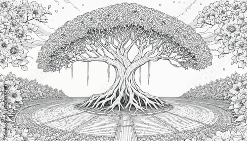 Elegant line art of a majestic tree with intricate roots and surrounding flowers for coloring