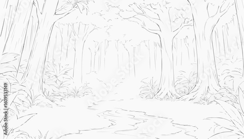 Blank coloring page of a serene forest landscape waiting for creative colors
