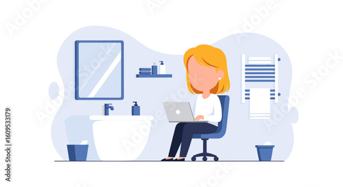 Woman working on laptop in modern bathroom - perfect for website banners, blog posts, or articles on work-life balance.