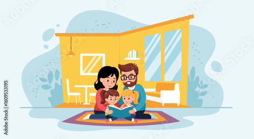 Happy family reading a book together at home. Perfect for family blogs, children's books, or parenting websites.
