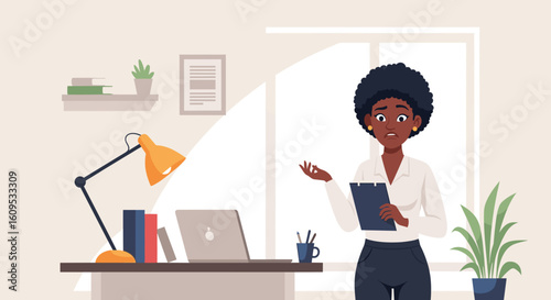 Worried businesswoman reviewing documents at her desk, ideal for website banners or blog posts about workplace stress.
