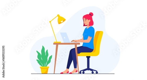 Young woman working on laptop at home office. Illustration ideal for websites, blogs, and presentations about remote work, freelance, or productivity.