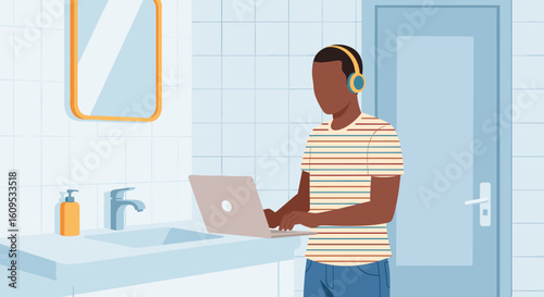 Man working on laptop in bathroom, perfect for articles on remote work, multitasking, or modern lifestyle.