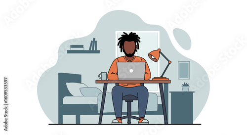 Illustration of a man working from home on his laptop, perfect for remote work articles or blog posts.