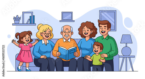 Happy multigenerational family reading together at home - perfect for family, togetherness, and generational themes.