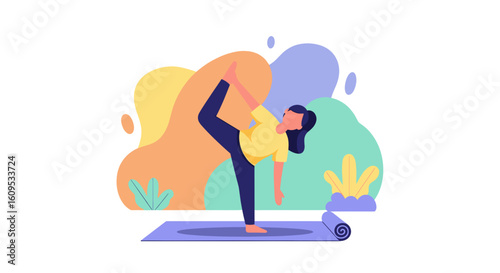 Woman practicing yoga: Natarajasana pose illustration perfect for wellness websites, yoga studios or fitness blogs.