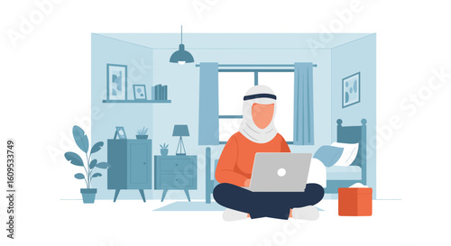 Woman in hijab working from home on laptop, perfect for remote work or freelance concepts.