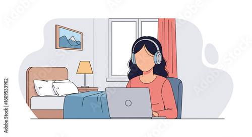 Woman working from home on laptop, wearing headphones. Perfect for blogs about remote work, productivity, or online learning.