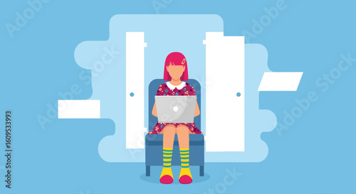 Young woman working on laptop, vector illustration for website or blog.