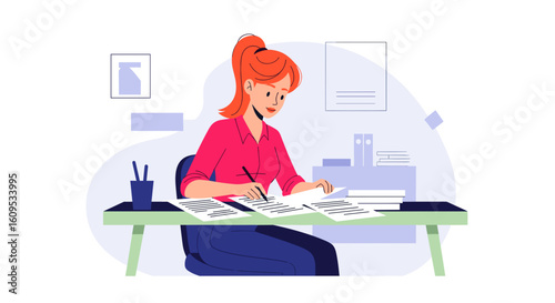Woman working at desk reviewing documents, perfect for landing pages and brochures on productivity and business.